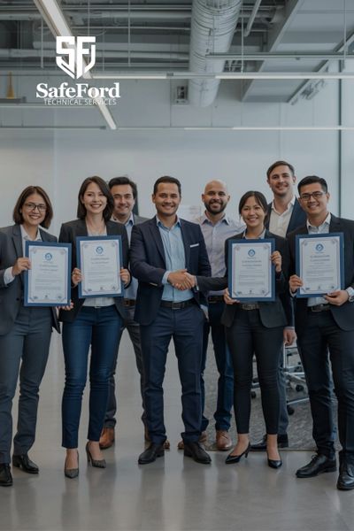 Professional team celebrating certification achievement at SafeFord Technical Services.
