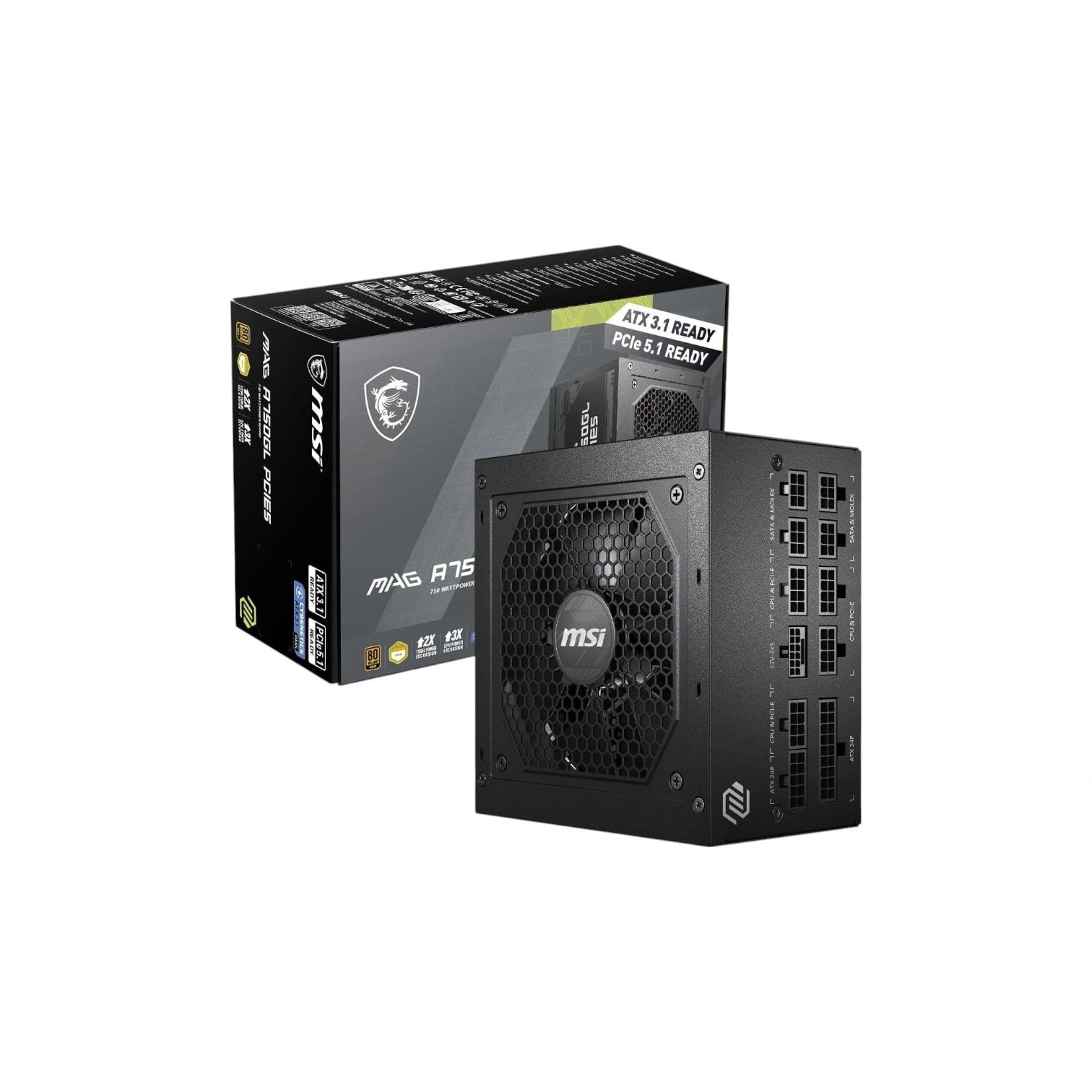 MSI MAG A750GL PCIE5 750W 80 Plus Gold Fully Modular ATX 3.1 PCIe 5.1 Power Supply