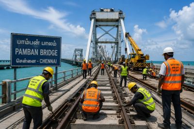 Workers repairing the Pamban Bridge near Chennai.