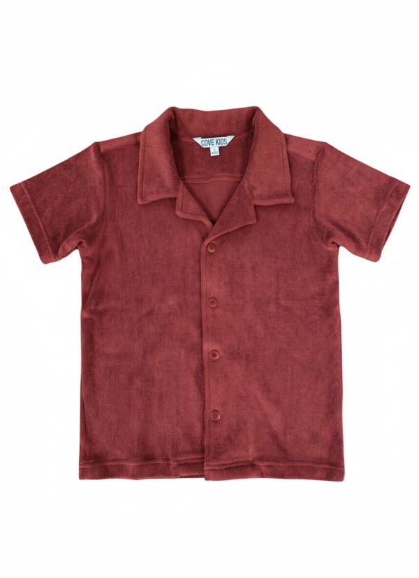 Red terry cloth button-up shirt.