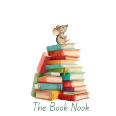 A mouse sitting on a stack of colorful books with 'The Book Nook' text.