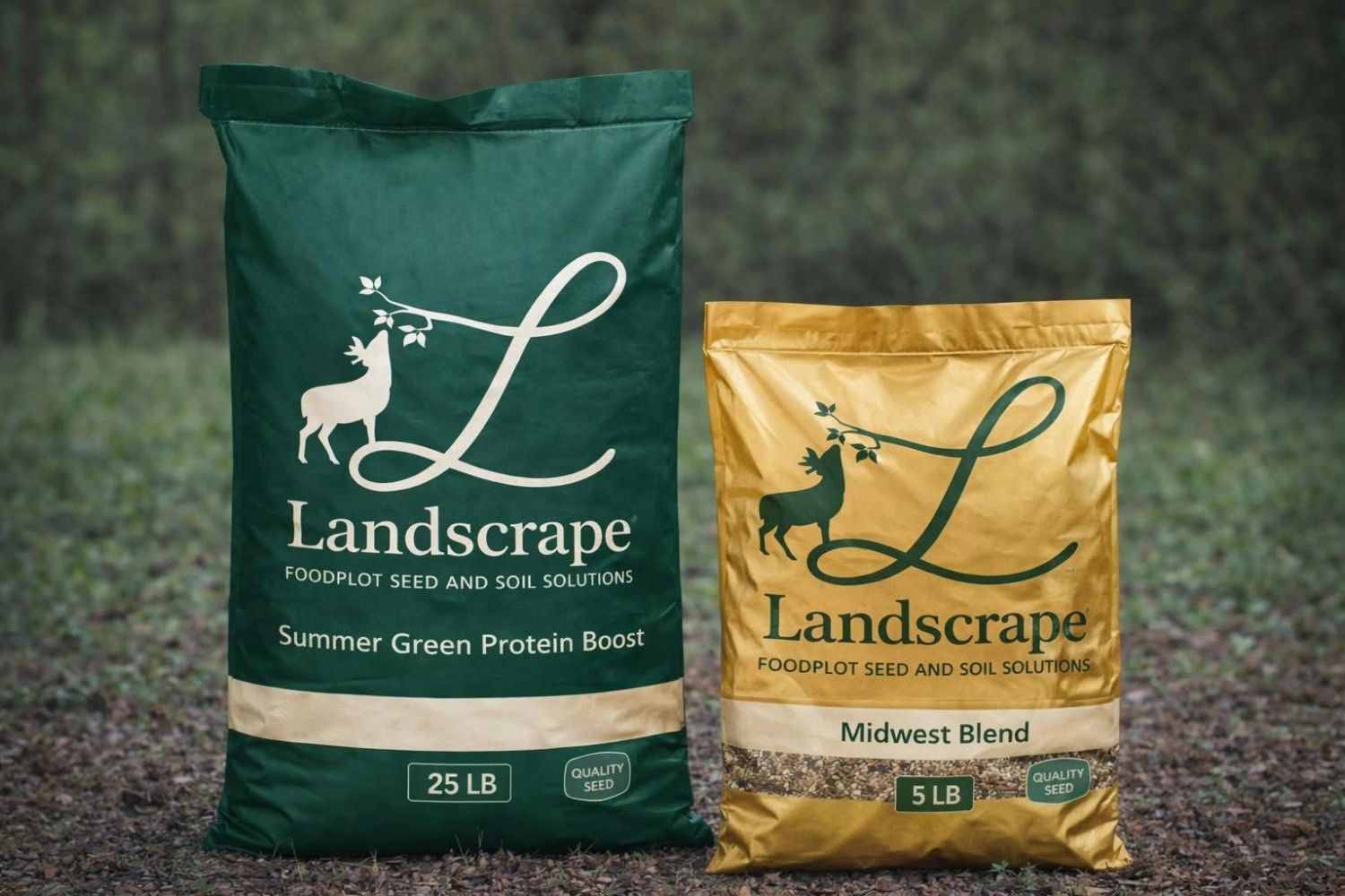 Two bags of Landscrape food plot seed, Summer Green Protein Boost and Midwest Blend.