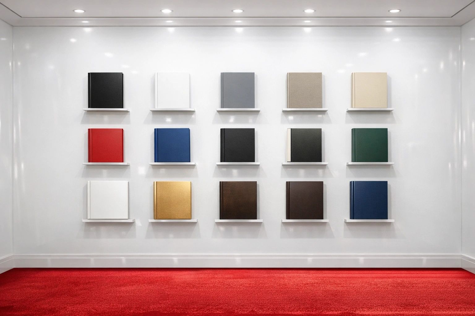 Books with various colored covers neatly displayed on small shelves against a white wall.
