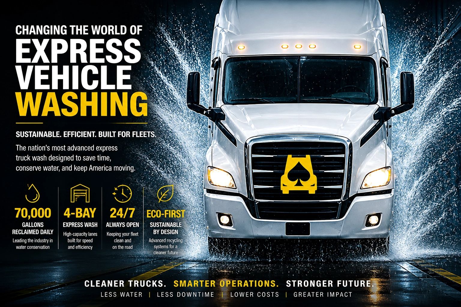 Express vehicle washing with sustainable, efficient, 4-bay, 24/7 operation saving water and time.