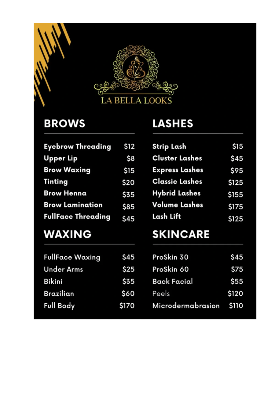 La Bella Looks price menu