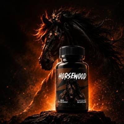 Horsewood supplement bottle with fiery horse background.