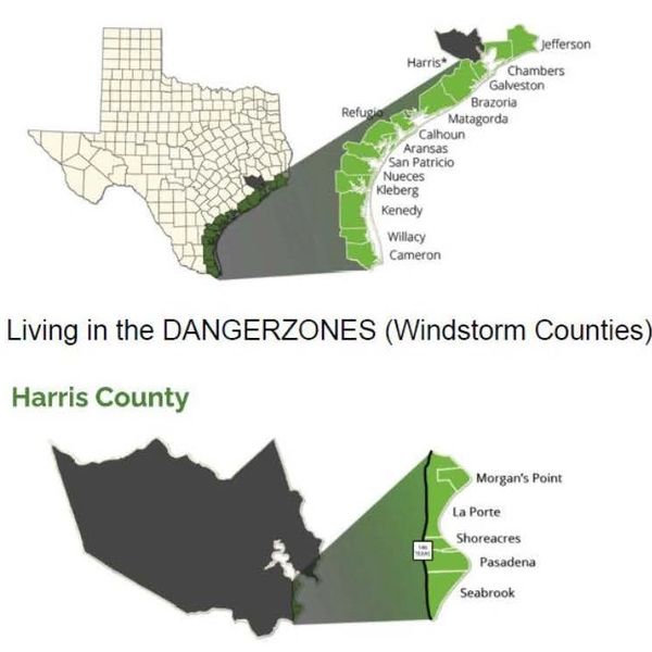 Map showing Texas windstorm danger zones and Harris County's vulnerable areas.