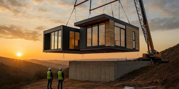 Modular home sections lifted by crane at sunset.