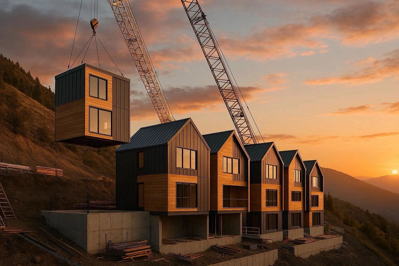 Modular homes being installed by crane at sunset in a mountainous area.