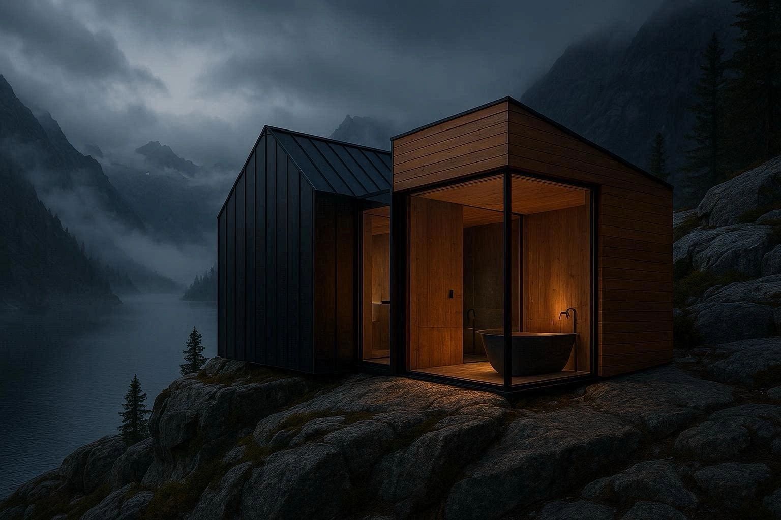 A modern cabin with warm lights on a rocky cliff overlooking a misty lake at night.