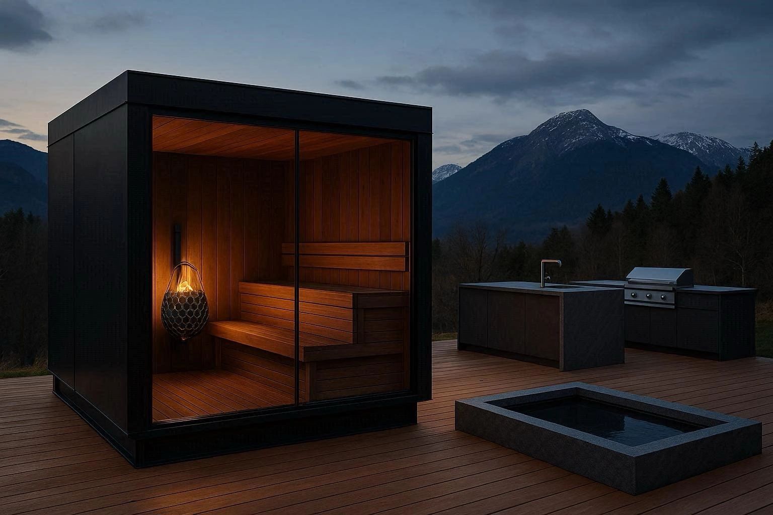Modern outdoor sauna with a glowing firepit, kitchen, and mountain backdrop at dusk.