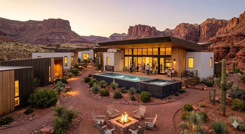 Modern desert resort with a pool, fire pit, and people socializing at sunset.