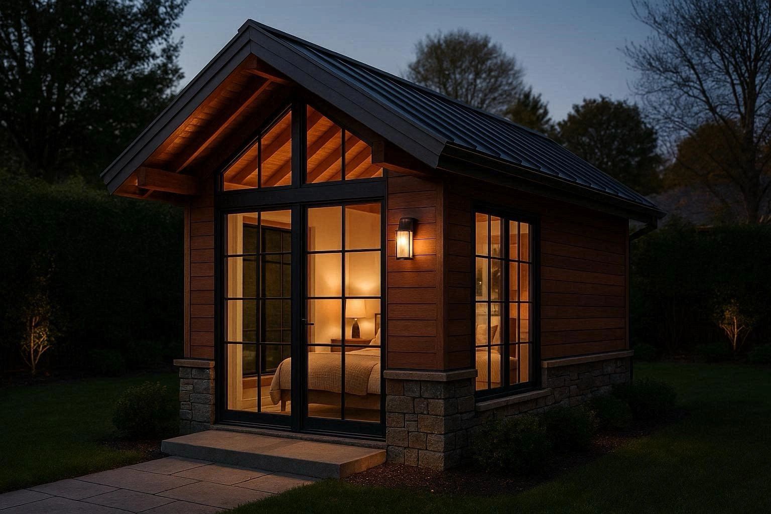 Cozy modern tiny house warmly lit at dusk with large glass doors and stone foundation.