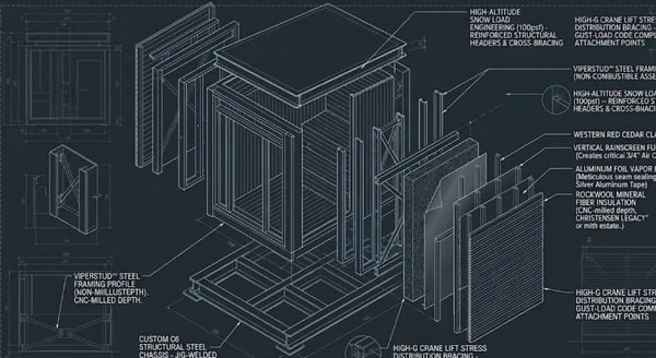 Exploded architectural blueprint of a small modern building with detailed construction notes.
