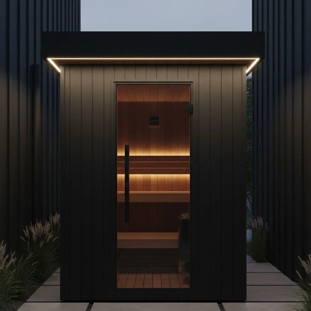 Modern outdoor sauna with warm interior lighting and dark exterior panels.