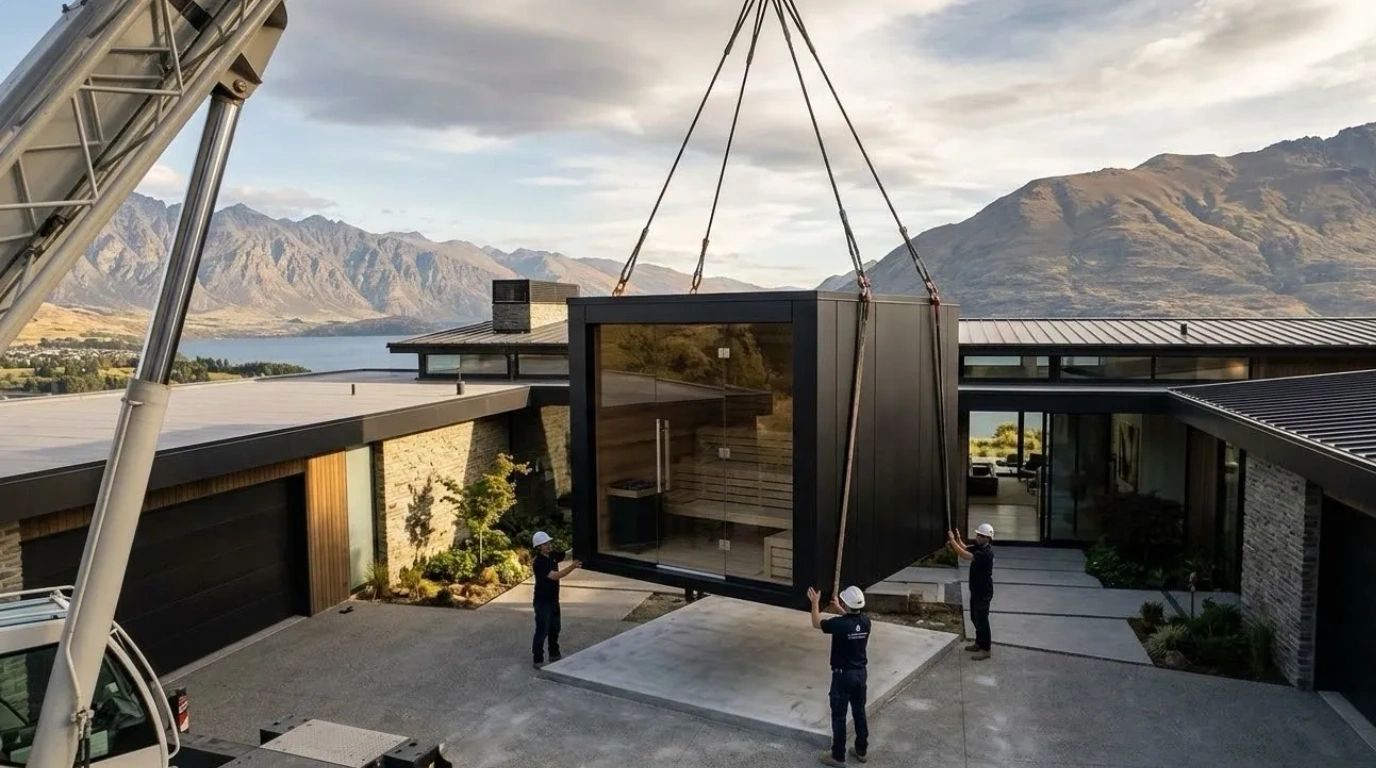 A modern sauna being lifted by a crane into a luxury home courtyard.
