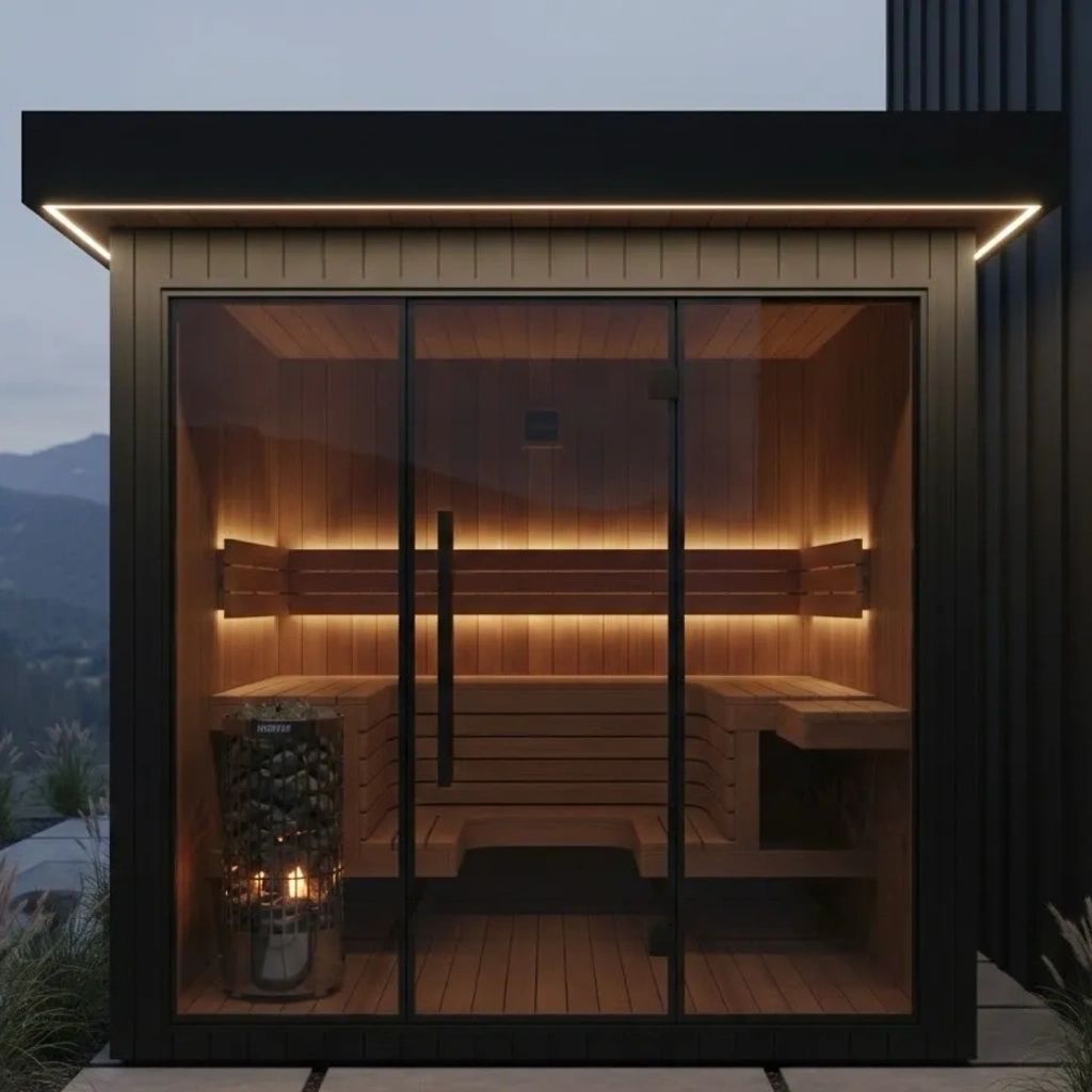 The Villa 4-person luxury outdoor sauna. Matte black metal, panoramic glass, clear cedar.