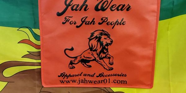 Orange bag with a lion logo and 'Jah Wear For Jah People' text.