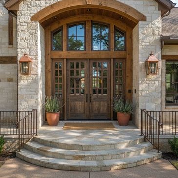 Rustic wooden double doors with stone archway and potted plants at entrance.