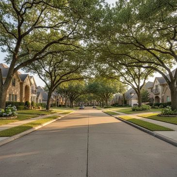 Quiet suburban street lined with trees and brick houses.