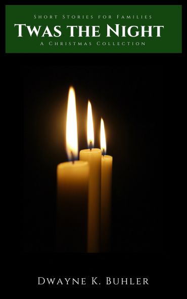 Book cover with three lit candles on a black background.