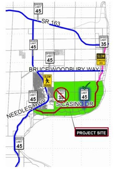 Map showing speed limits and project site near SR 163 and Bridgewoodbury Way.