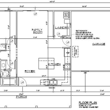 Architectural floor plan of a single-story home with bedrooms, kitchen, family room, and garage.