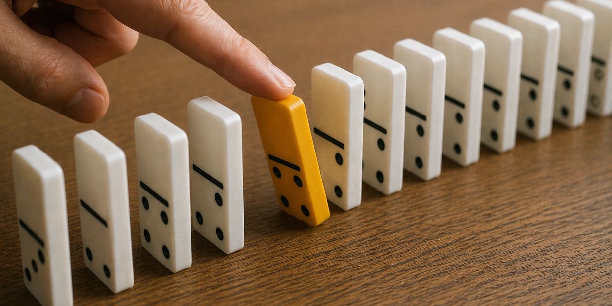 A line of dominoes with one standing out from the crowd representing Sales leaders