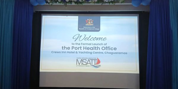 Welcome slide for the Port Health Office launch event in Chaguaramas.