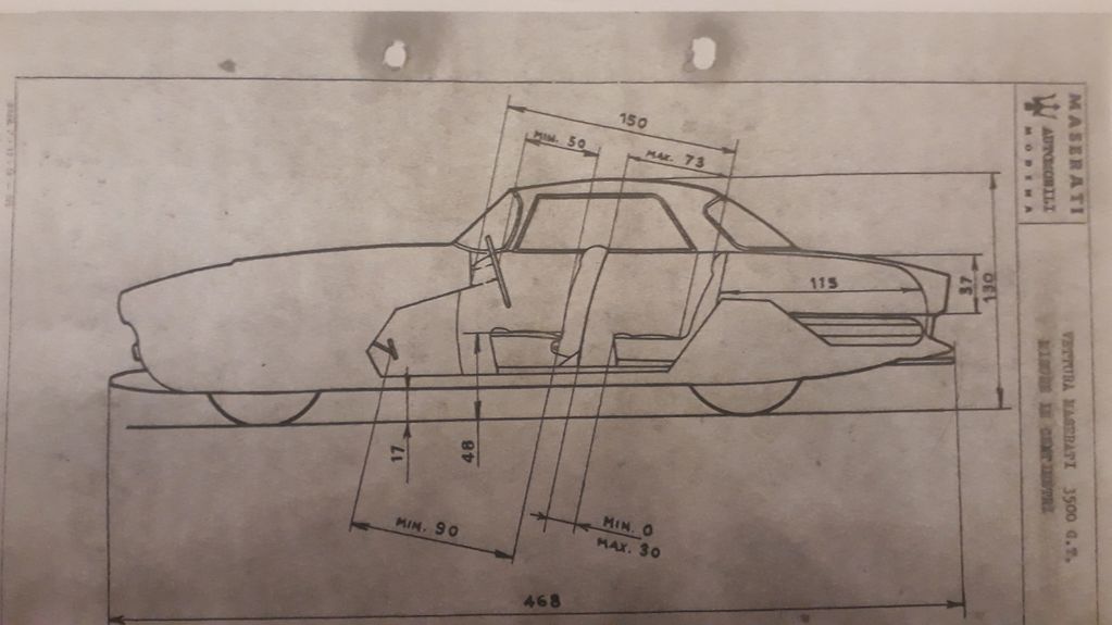 Technical side view drawing of a Maserati A6GCS/53 with dimensions.