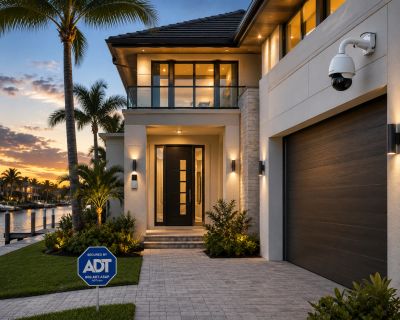 Modern house exterior at sunset with security camera and ADT sign.