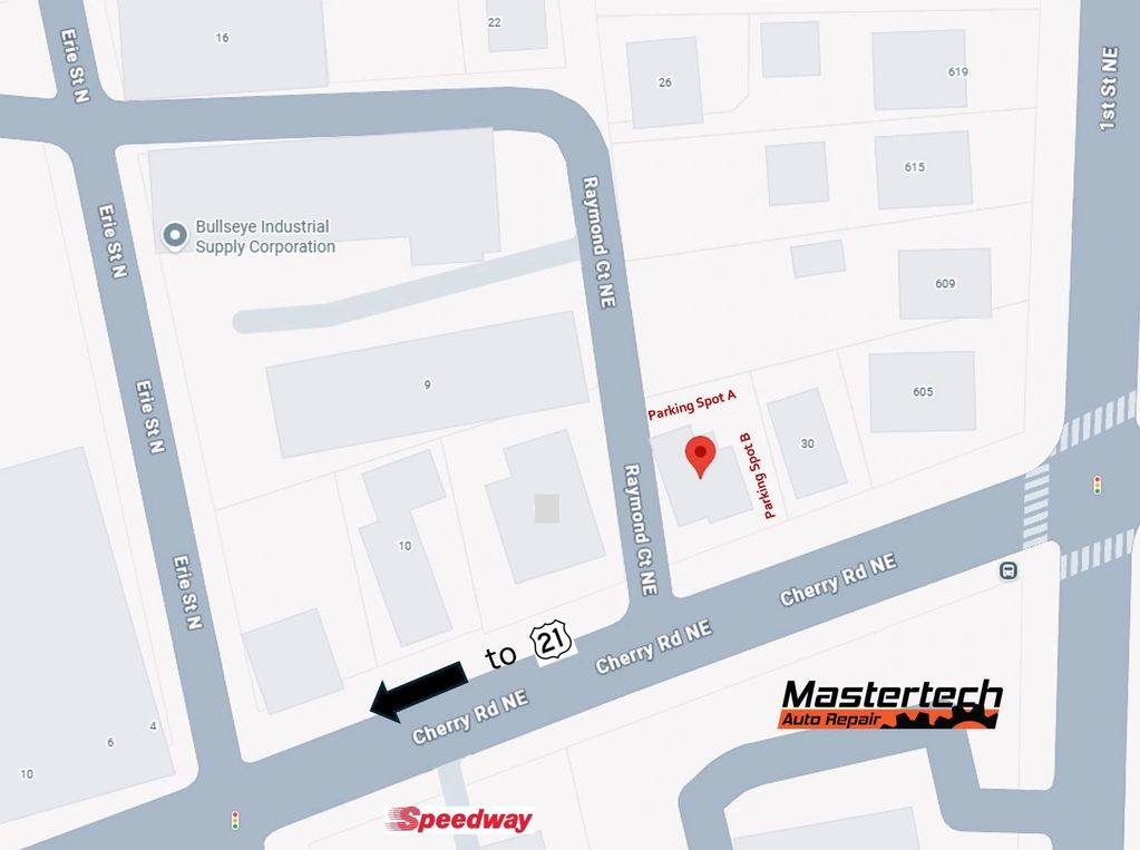 Map showing Mastertech Auto Repair location and parking spots on Cherry Rd NE.