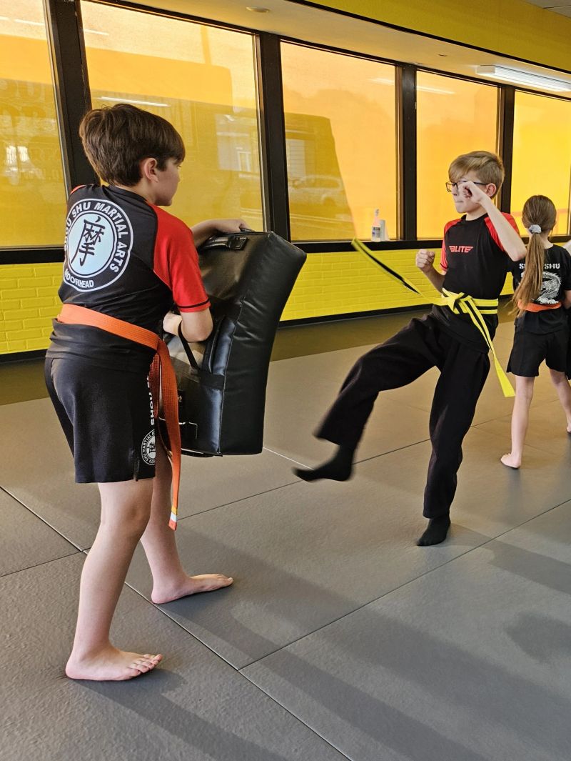 One-on-one pad work between students