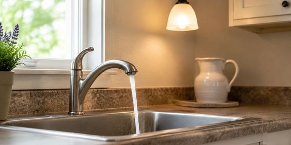 Modern kitchen sink with running water and plant.