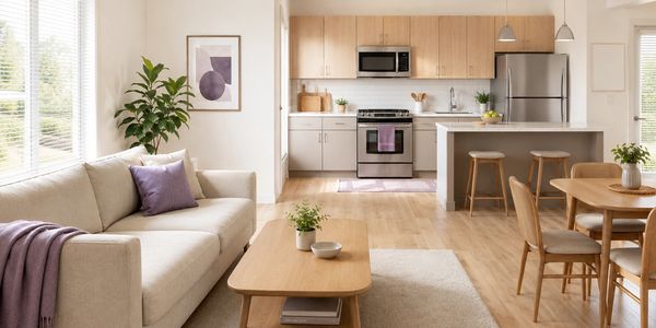 Modern open-plan living room and kitchen with light wood furniture.