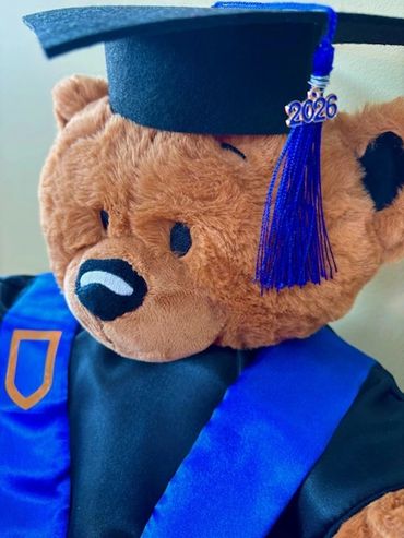 Teddy bear dressed in a 2026 graduation cap and gown.