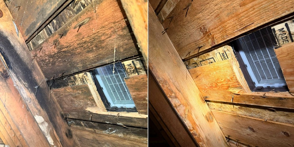 Before-and-after comparison photo showing black mold around a ventilation shaft in an attic
