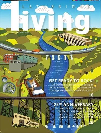 Illustrated cover of Lethbridge Living magazine with a river, bridge, and local landmarks.