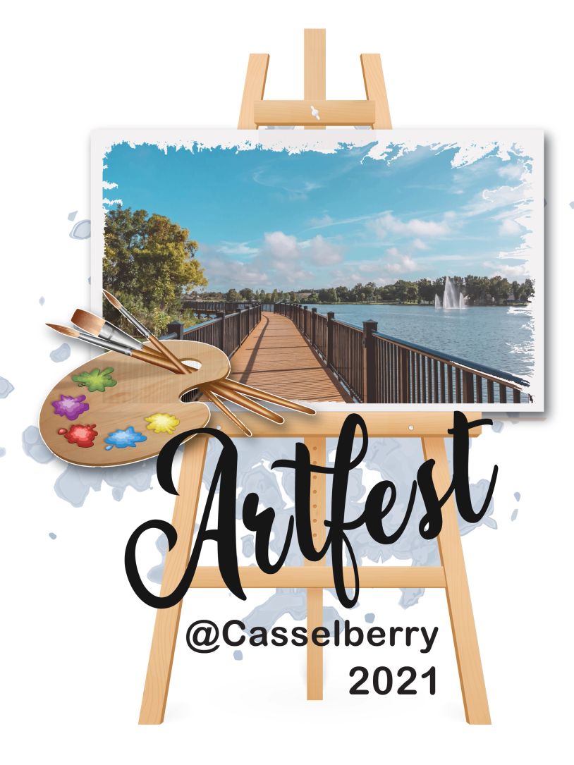 Artfest 2021 at Casselberry featuring a scenic lakeside boardwalk painting.