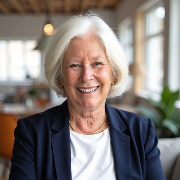Smiling elderly woman with white hair indoors.