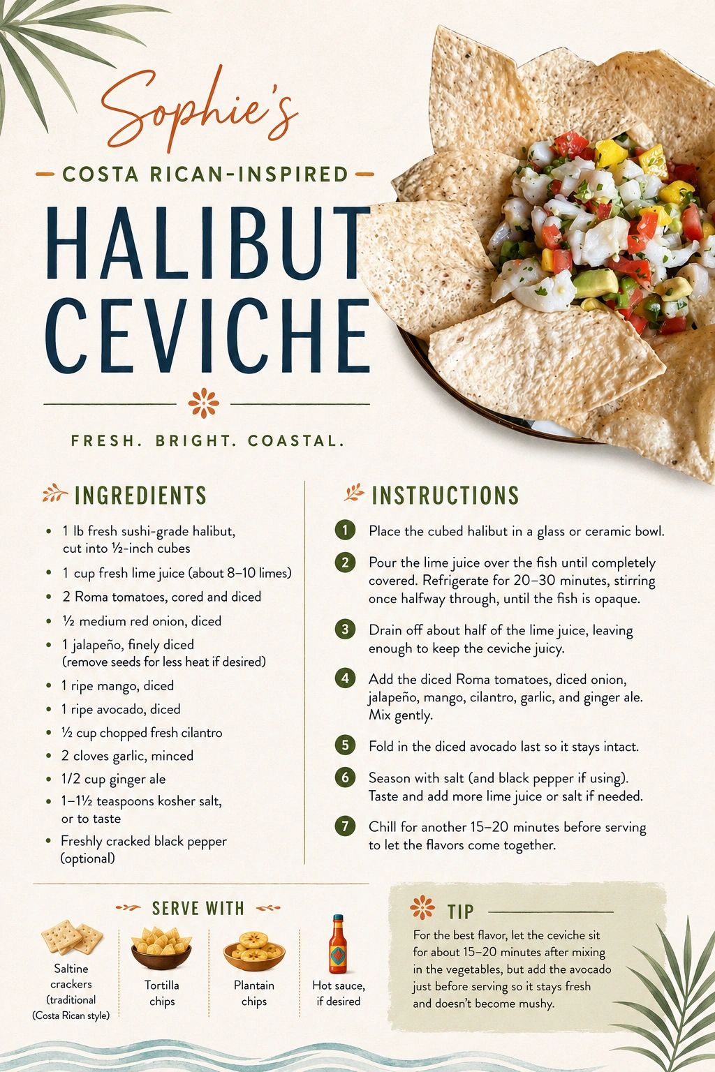 Costa Rican-inspired halibut ceviche recipe with fresh ingredients and easy instructions.