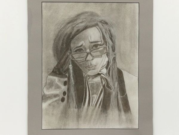 Charcoal portrait of a person with glasses and long hair, wearing a scarf and a jacket.