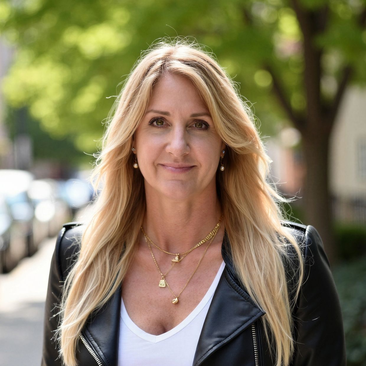 Smiling woman with long blonde hair outdoors in a leather jacket and gold necklaces.