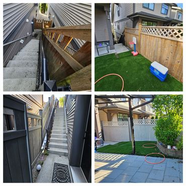 Images show outdoor stairs and backyard with artificial grass and toys.