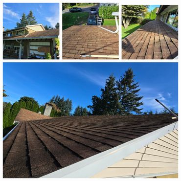 Different angles of a brown shingle roof under a clear blue sky.
