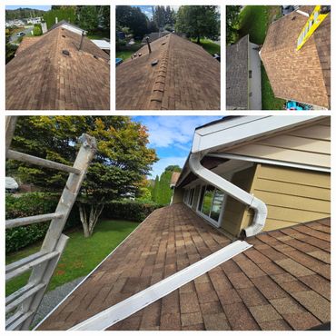 Aerial views of a brown shingled roof with gutters and a ladder.