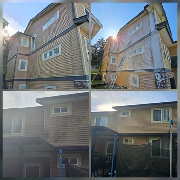 Before and after photos of a house siding cleaning and restoration.