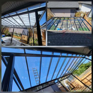 Three views of a newly installed glass patio cover with a black metal frame.