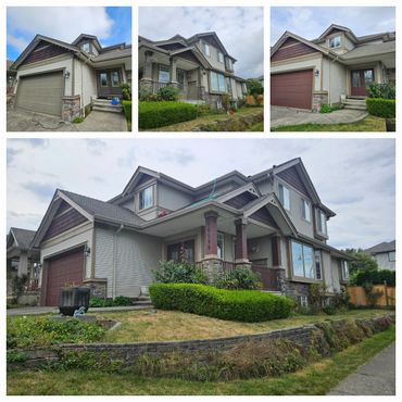 Collage of a modern two-story house with a garage and manicured lawn.