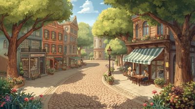 Cozy small-town street illustration of Hollow Pines from the Brew & Clue mysteries.